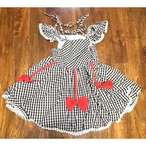 Imekis Kids Dress Girls Size 2-3T Gingham Black White Check With Red Bow Accents